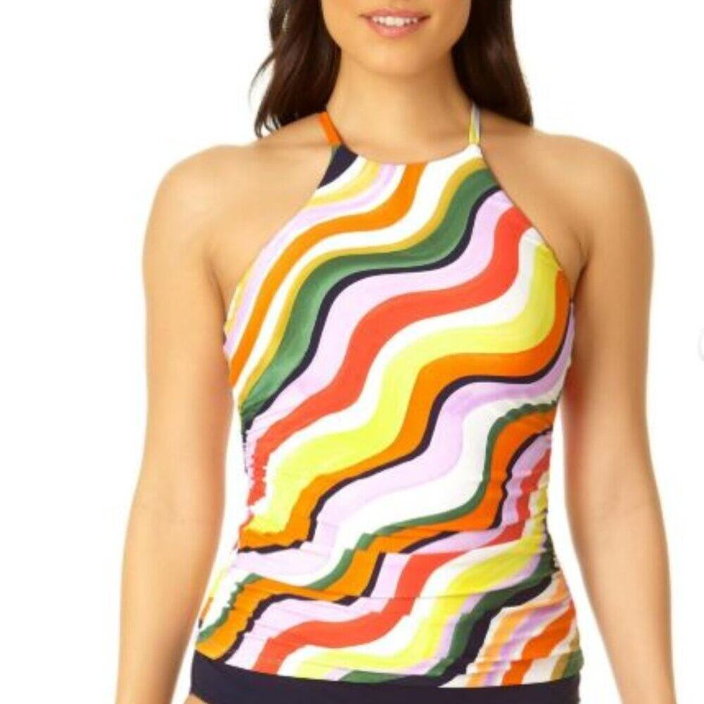 Anne Cole Womens XS Printed High-Neck Tankini Swim Top Yellow Orange 60's Print